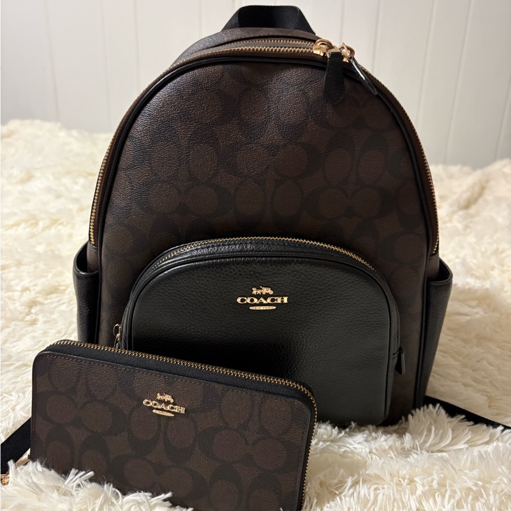 Coach Signature Brown and Black Backpack with Wallet